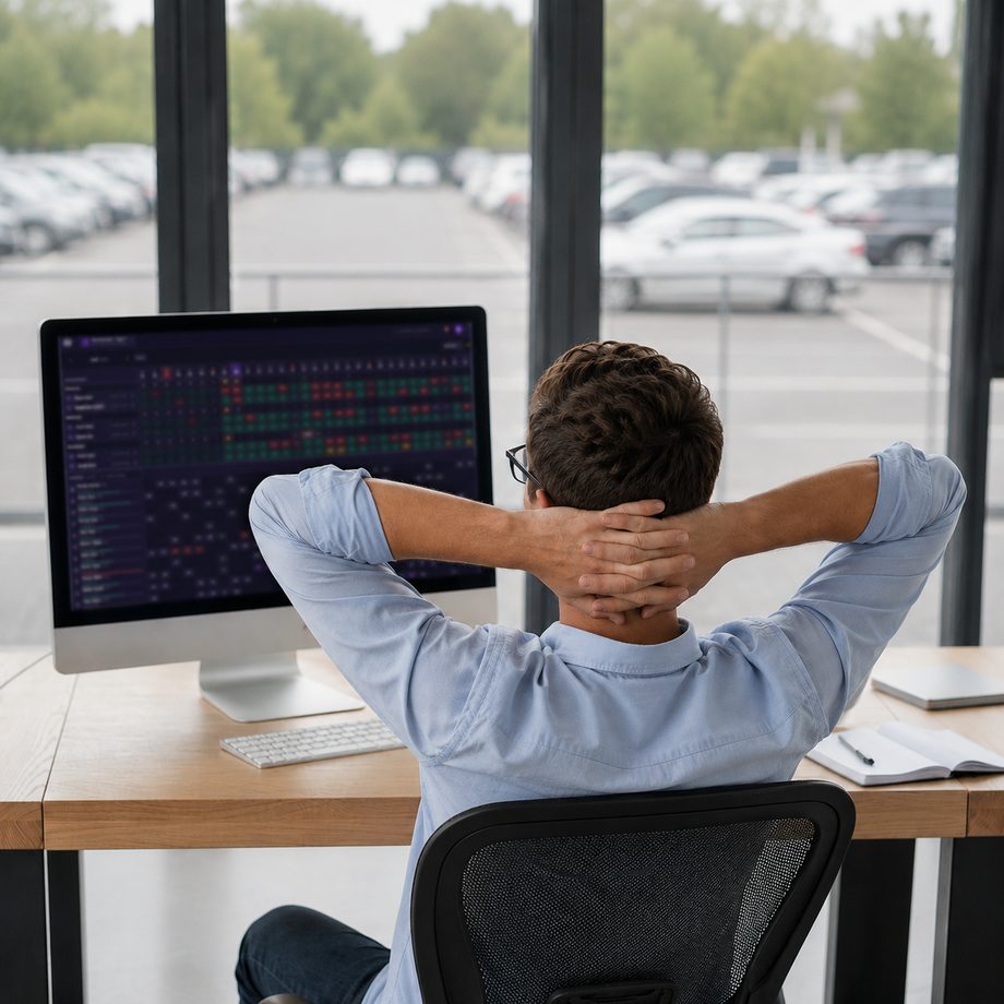 Ein Einsatzleiter lehnt sich mit hinter dem Kopf verschränkten Händen im Bürostuhl zurück; auf dem Monitor vor ihm steht ein fertig besetzter Monatsdienstplan.