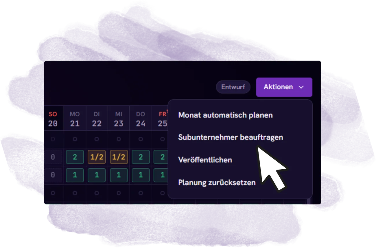 Ausschnitt des Dienstplans im Entwurf: Tagesspalten mit der Besetzung je Schicht, zwei Tage nur halb besetzt. Das Menü „Aktionen“ ist geöffnet, der Mauszeiger steht auf „Subunternehmer beauftragen“.